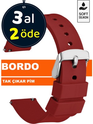 Trendburada Bordo Renk Soft Silikon Saat Kordonu Kayışı 18MM-20MM-22MM-24MM Tak Çıkar Pim ile A72 BORDO