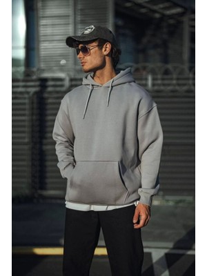Janes Üç Iplik Penye Kapşonlu Basic Sweatshirt - Boyalı Gri