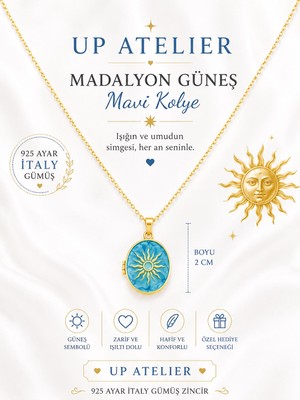 Up Atelier 925 Ayar Gümüş Ithal Zincirli Güneş Madalyon Kolye 40-45CM Ayarlanabilir