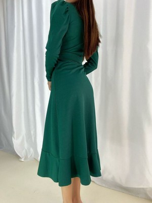 Jane's Janes Kadın Yeşil Krep Kumaş Midi Boy Kuşaklı Uzunkol Elbise