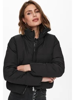 Only Dolly Short Puffer Noos Uzun Yaka Fermuarlı Siyah Kadın Mont