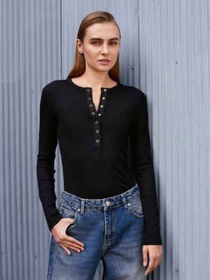 32024 Çıtçıtlı Modal Karışımlı Top-Siyah