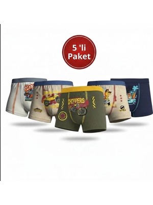 Orivra 5'li Erkek Çocuk Boxer Seti Pamuklu Esnek Desenli Iç Çamaşırı Paketi