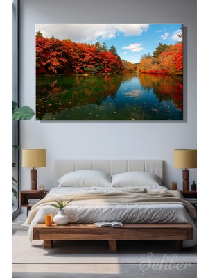 Şehber Yatay Tekli Kanvas Tablo Modern Ev Kafe Ofis Japonya Karuizawa Kumoba Göleti Sonbahar 2399