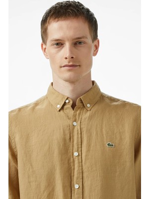 Lacoste Men's Regular Fit Button-Down Collar Linen Shirt Blue Erkek Düğmeli Yaka Keten Gömlek Camel