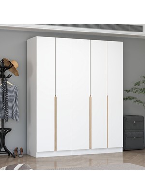 Minar Alin 5 Kapaklı 2 Gizli Çekmeceli Gardırop - Elbise Dolabı - J Soft Kulp - Beyaz