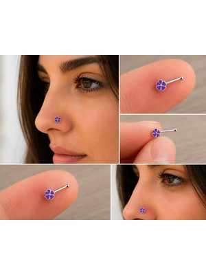 925 Ayar Gümüş Burun Hızması Mor Çiçek Desenli Minimal Nose Stud Kadın Erkek Unisex 8 mm