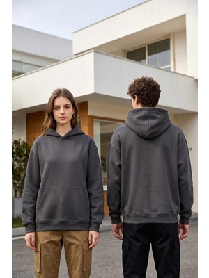 Borboleta Home Antrasit Oversize Hoodie %100 Pamuk 3 Iplik Şardonsuz Baskıya Uygun Unisex Kapüşonlu Sweatshirt