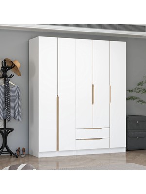 Minar Alin 5 Kapaklı 2 Çekmeceli Gardırop - Elbise Dolabı - J Soft Kulp - Beyaz