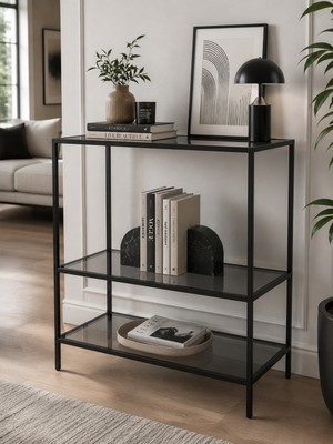Trendmiz Ay 3 Raflı Siyah Metal  Füme Cam Dresuar / Dekoratif Konsol – 85X70X33 cm