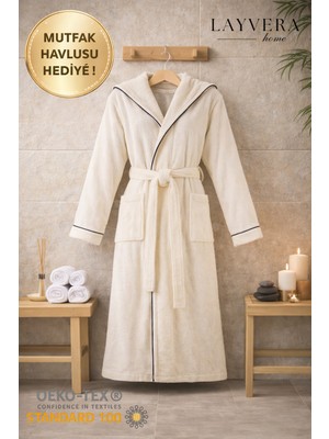 Layvera Unisex Krem Bornoz %100 Pamuk | Yüksek Kalite, Kapüşonlu ve Biyeli