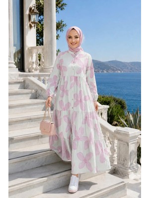 Harma Time Butik Kadın Düğmeli Modal Desenl Pembe Elbise