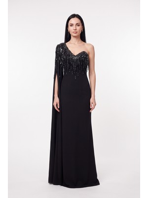 Bdm Exclusive Couture Tek Omuz Taş Detaylı Uzun Abiye Elbise