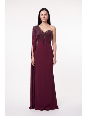 Bdm Exclusive Couture Tek Omuz Taş Detaylı Uzun Abiye Elbise
