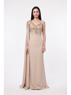 Bdm Exclusive Couture Tek Omuz Taş Detaylı Uzun Abiye Elbise