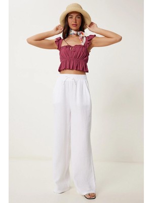 Tena Kadın Ekru Beli Lastikli Bol Paça Muslin Pantolon