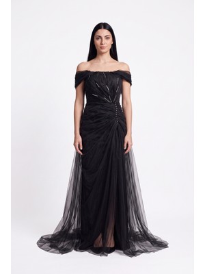 Bdm Exclusive Premium Tül Drape Detaylı Straplez Uzun Abiye Elbise