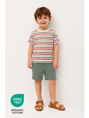 Luppinos %100 Pamuk Çizgi Baskılı Bisiklet Yaka Çift Cepli Bebek-Çocuk Tshirt Şort Set