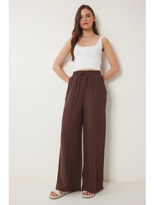 Tena Kadın Kahve Beli Lastikli Bol Paça Muslin Pantolon