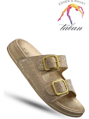 Sermoda Çift Toka Kadın Terlik - Rahat ve Esnek Tabanlı Ayarlanabilir Bantlı Kadın Terlik Altın