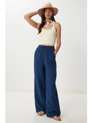 Tena Kadın Lacivert Beli Lastikli Bol Paça Muslin Pantolon