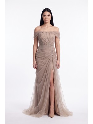 Bdm Exclusive Premium Tül Drape Detaylı Straplez Uzun Abiye Elbise