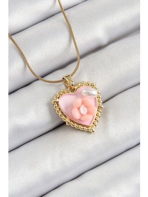 316L Çelik Zincir Pembe Sanatsal Portre Inci Detaylı Papatya Figürlü Kalp Model Gold Renk Kadın Kolye - TJ-BKO10271