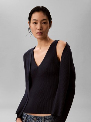 Calvin Klein Kadın / Kız Lacivert Calvin Klein Ls Cardı W Tank Rıb, Cef Lacivert Kadın Hırka ve Atlet Takım