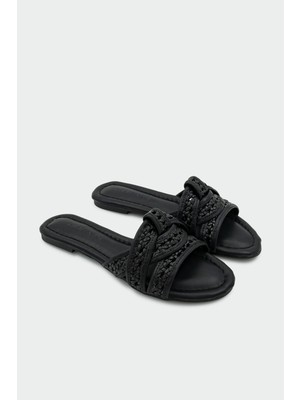 Laminta Ocean Asimetrik Kesim Kadın Siyah Düz Terlik