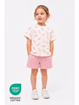 Luppinos %100 Pamuk Kelebek Baskılı Bisiklet Yaka Çift Cepli Bebek-Çocuk Tshirt Şort Set