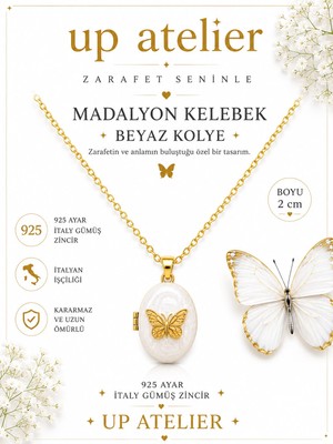 Up Atelier 925 Ayar Gümüş Ithal Zincirli Beyaz Sedefli Gold Kelebek Madalyon Kolye 40-45CM Ayarlanabilir