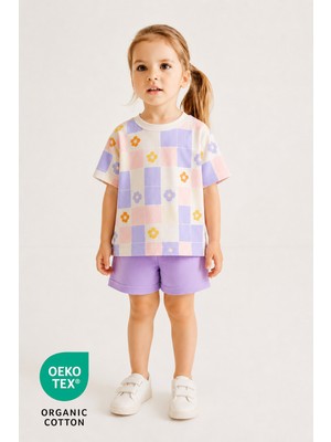 Luppinos %100 Pamuk Çiçek Baskılı Bisiklet Yaka Çift Cepli Bebek-Çocuk Tshirt Şort Set