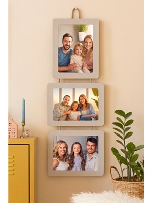 Empressco Şık Ahşap 3’lü Ipli Fotoğraf Çerçevesi 15X21 cm Vizon
