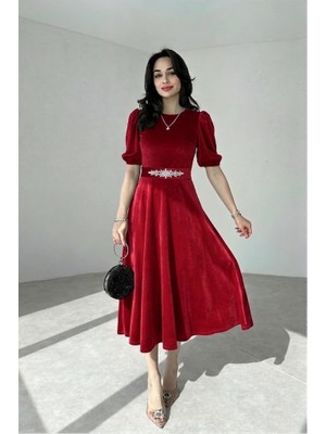 Alfudo Moda Collection Karpuz Kollu Midi Boy Elbise
