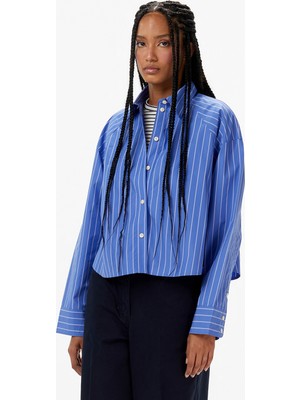 Calvin Klein Stripe Boxy Cropped Kadın Mavi Gömlek