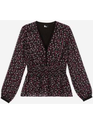 The Kooples Kadın V Yaka Uzun Kollu Baskılı Siyah Bluz