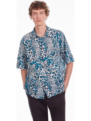 The Kooples Erkek Leopar Desenli Uzun Kollu Mavi Gömlek