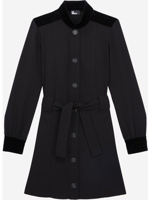 The Kooples Kadın Düğmeli Uzun Kollu Dik Yaka Siyah Elbise