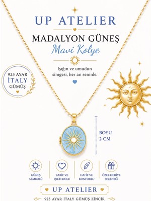 Up Atelier 925 Ayar Gümüş Ithal Zincirli Ortası Beyaz Güneş Madalyon Kolye 40-45CM Ayarlanabilir