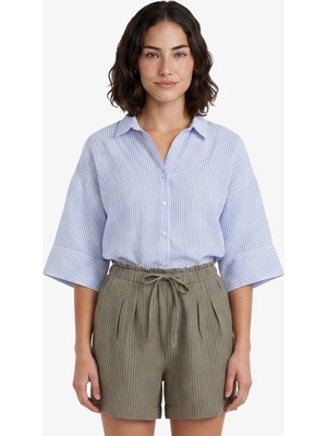 Nautica Kadın Mavi Regular Fit Kısa Kollu Çizgili Keten Gömlek