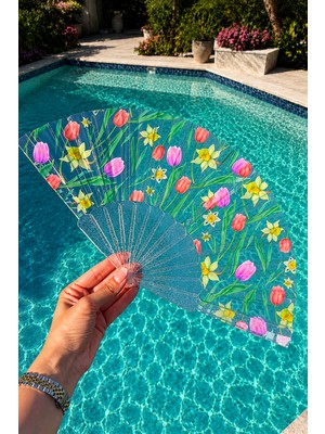 Haki Store Şeffaf Renkli Lale ve Nergis Çiçek Desenli Katlanır Yelpaze Yazlık Plaj Havuz Festival Aksesuarı Glitter Detaylı  El Yelpazesi