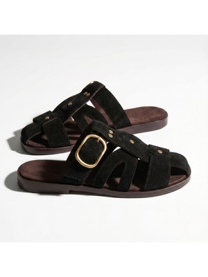 Topuktrend Kadın Süet Terlik Gold Tokalı Terlik, Yumuşak Tabanlı Şık Günlük Rahat Yazlık Casual Sandal Terlik Siyah, Kahverengi, Taba, Siyah