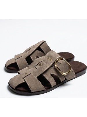 Topuktrend Kadın Süet Terlik Gold Tokalı Terlik, Yumuşak Tabanlı Şık Günlük Rahat Yazlık Casual Sandal Terlik Siyah, Kahverengi, Taba, Siyah