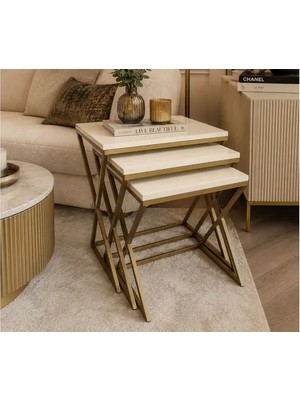 Vivense Venedik Eskitme Bakır Metal Ayaklı Ekru Mdf Üst Tabla Zigon Sehpa