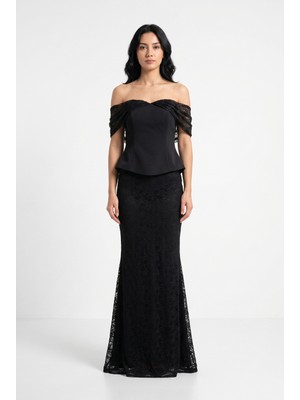Bdm Exclusive Dantel Dokulu Drape Kollu Uzun Abiye Elbise