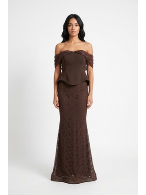 Bdm Exclusive Dantel Dokulu Drape Kollu Uzun Abiye Elbise
