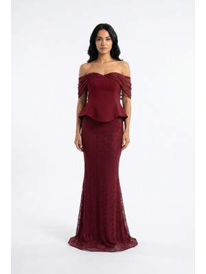 Bdm Exclusive Dantel Dokulu Drape Kollu Uzun Abiye Elbise