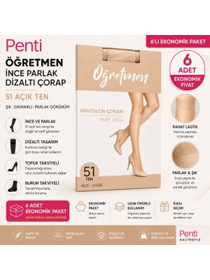 Penti Öğretmen 15 Denye Ince Parlak Dizaltı Çorap 6’lı Ekonomik Paket (Siyah / 57 Ten / 51 Açık Ten)
