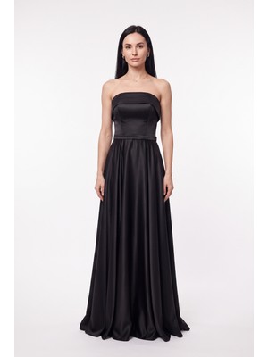 Bdm Exclusive Premium Saten Drape Detaylı Straplez Uzun Abiye Elbise