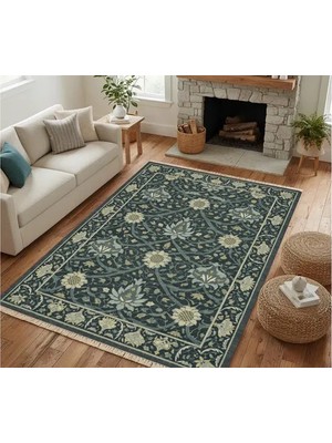 Vivense Vintage Lacivert Çiçekler Dokuma Taban Halı, 565 Yng 100X150 cm